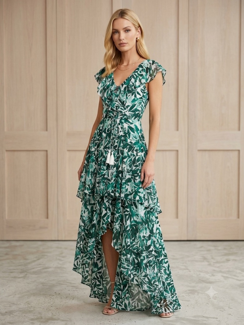 AKIRA Green Leaf-Print High-Low Ruffle Maxi Dress